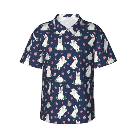 Gaeub Rabbit And Flower Print Men's Hawaiian Shirt,Button Down Short Sleeves Shirts,Tropical Beach Casual Button Down Shirts,Large