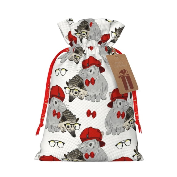 Gaeub Rabbit And Hedgehog Print Christmas Burlap Bags with Drawstring, Burlap Gift Bags,Christmas Linen Treat Sacks,Gift Wrapping Bags,Xmas Holiday Party Favors Bags-Medium