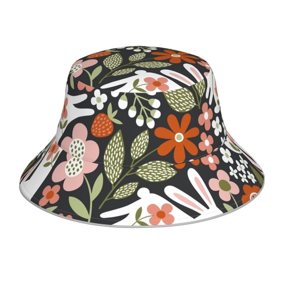 Gaeub Rabbits on Floral Printed Double Sided Reflective Bucket Hat Foldable Sun Hat for Camping Hiking Fishing