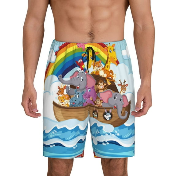 Gaeub Rainbow Animals on Noah's Ark Printed Men's Short Pajama Pants, Lightweight Lounge & Sleep Bottoms Keep You Cool - X-Large