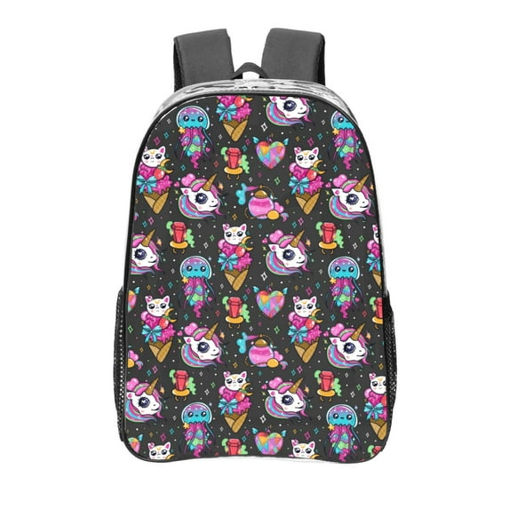 Gaeub Rainbow Unicorn And Cat Icecream Print Clear Backpack ,Clear Transparent Backpack, PVC Bag with Side Pockets,for Concert, Beach, Work, Travel & Sporting