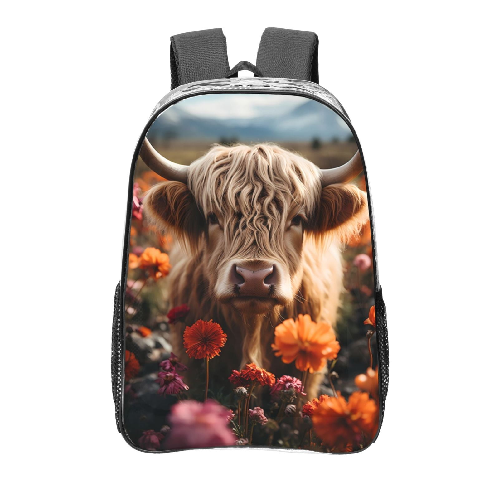 Gaeub Realistic Flower Cow Print Clear Backpack ,Clear Transparent Backpack, PVC Bag with Side Pockets,for Concert, Beach, Work, Travel & Sporting