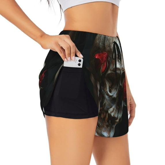 Gaeub Realistic Rose Skull Print Women's Athletic Shorts,High Waisted Running Shorts,Pocket Sporty Short,Gym Elastic Workout Shorts-X-Large