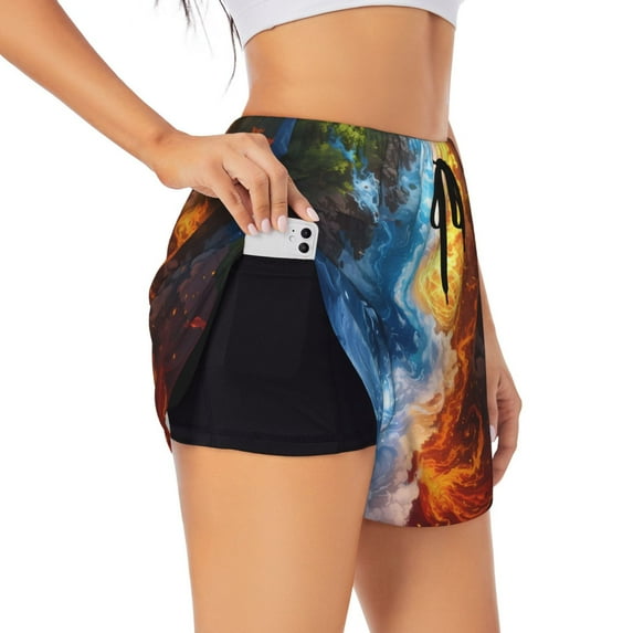 Gaeub Red And Blue Flame Waves Print Women's Athletic Shorts,High Waisted Running Shorts,Pocket Sporty Short,Gym Elastic Workout Shorts-Small