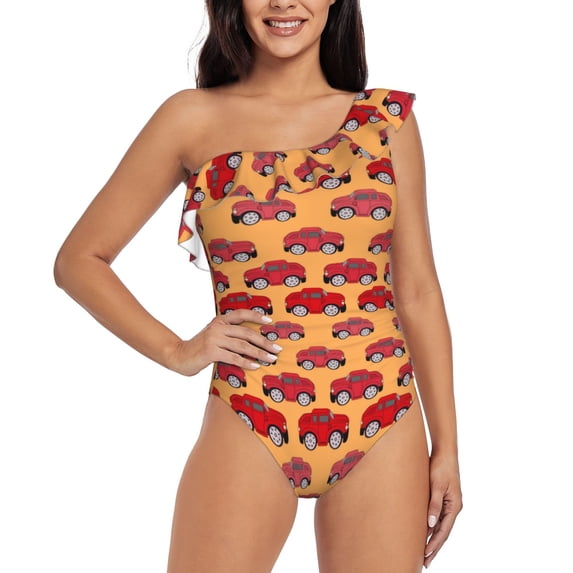 Gaeub Red Cars Women's One Shoulder Ruffle Tummy Control Swimwear for Swimming Surfing Beach Party - Large