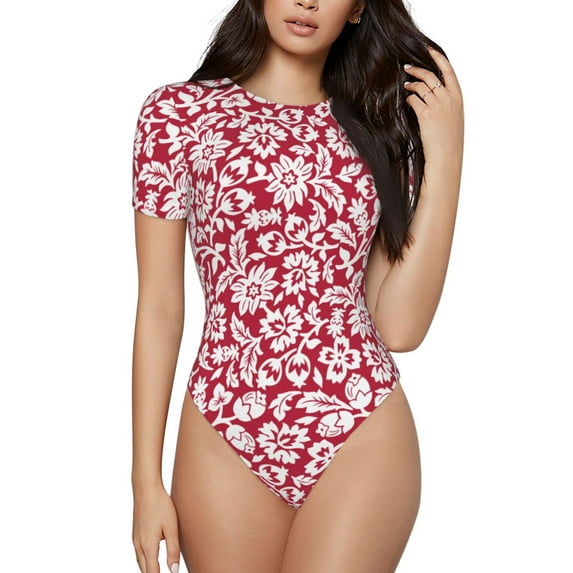Gaeub Red Flowers Women'S Short Sleeve One Piece Swimsuit Sexy High-Waisted Bodysuit For Swimming, Beach, Sports - Medium