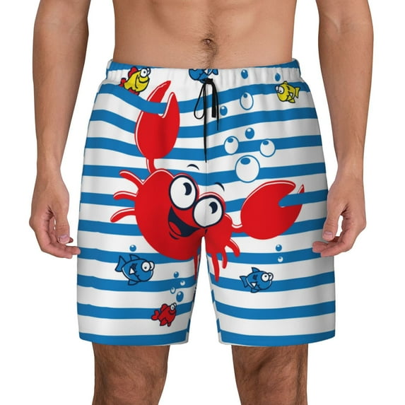 Gaeub Red Funny Crab on Blue Stripe Mens Swim Trunks Stretch Beach Shorts Quick Dry for Men Swim Shorts Swimwear with Pockets- X-Large