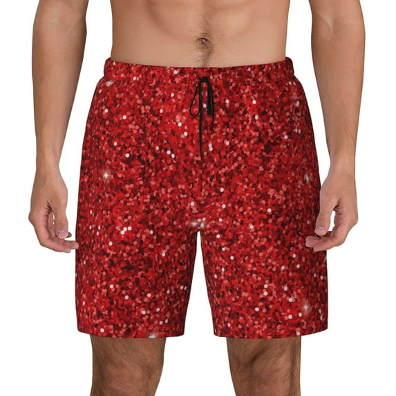Gaeub Red Glitter Mens Swim Trunks Stretch Beach Shorts Quick Dry for Men Swim Shorts Swimwear with Pockets- X-Large