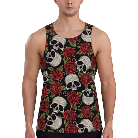 Gaeub Red Rose Skull Men's Athletic Tank Top, Workout Sleeveless Shirts, Running Tank Tops for Gym, Running, Training - 4X-Large