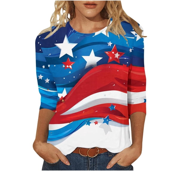 3/4 Sleeve T-Shirts for Womens Summer Independence Day Patriotic T Shirts USA Flag Star Printed Tee Shirts Round Neck Tops Light Breathable Blouses Holiday Beach Party Outfits