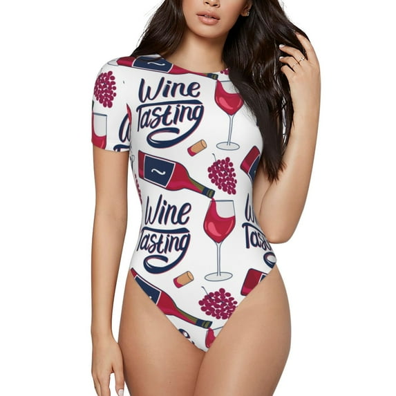 Gaeub Red Wine Glass Bottle Women'S Short Sleeve One Piece Swimsuit Sexy High-Waisted Bodysuit For Swimming, Beach, Sports - Xx-Large