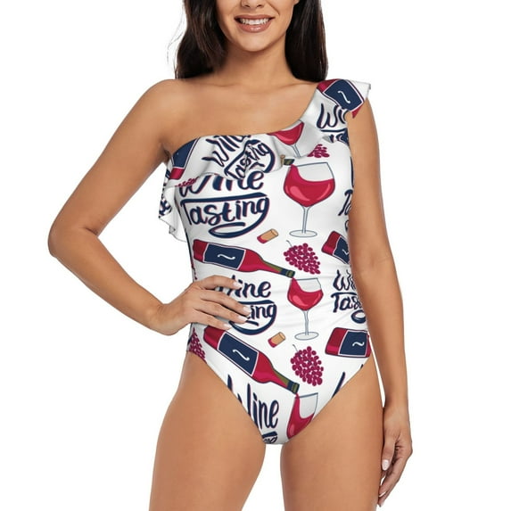 Gaeub Red Wine Glass Bottle Women's One Shoulder Ruffle Tummy Control Swimwear for Swimming Surfing Beach Party - Small