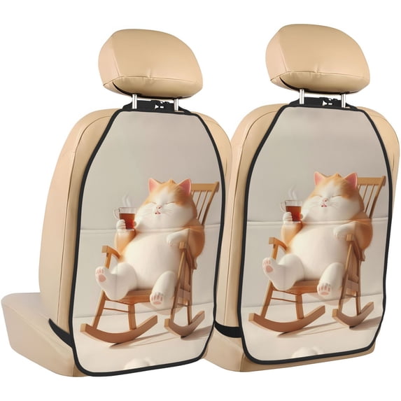 Gaeub Relaxing Cat With Tea Print Anti-Kick Storage Mat for Car Seats 2 Pcs, Car Kick Mats with 3 Pocket Protector, Essential Car Seat Protector for Child Car Seat,Car Seat Protector