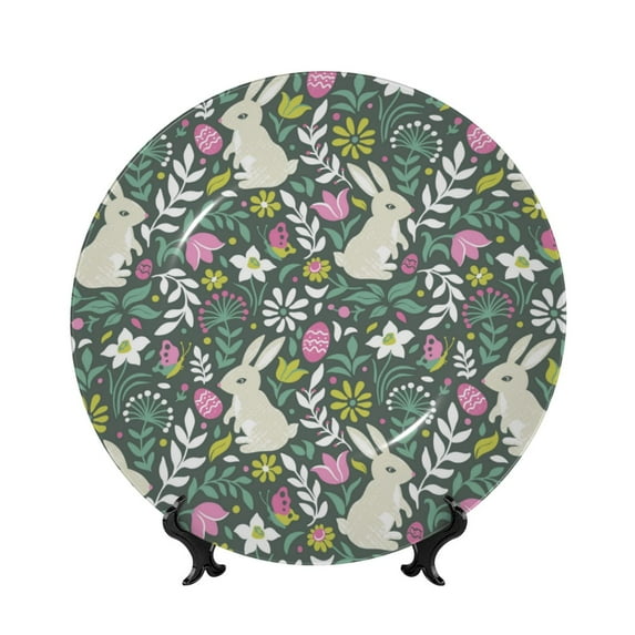 Gaeub Retro Bunny Floral Print Ceramic Plate,Dinner Plates,Bone China Decorative Plates with Display Stand,Art Ceramic Ornaments for Wall Hanging Decoration-6in