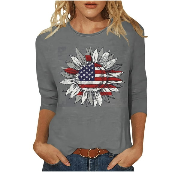 3/4 Sleeve T-Shirts for Womens Summer Independence Day Patriotic T Shirts USA Flag Star Printed Tee Shirts Round Neck Tops Light Breathable Blouses Holiday Beach Party Outfits