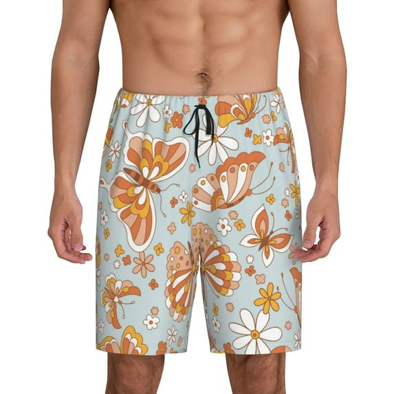 Gaeub Retro Floral Butterfly Printed Men's Short Pajama Pants, Lightweight Lounge & Sleep Bottoms Keep You Cool - Large