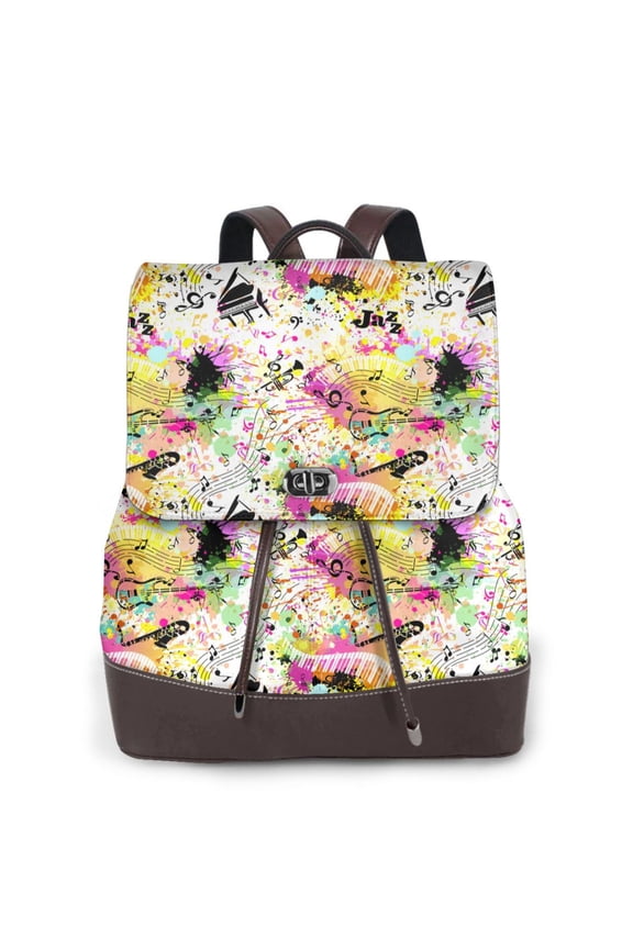 Retro Musical Print Women's Leather Backpack,Travel Laptop Backpack,Fashion Ladies Leather Backpack Bag for Travel,Leather Drawstring Daypack for Me