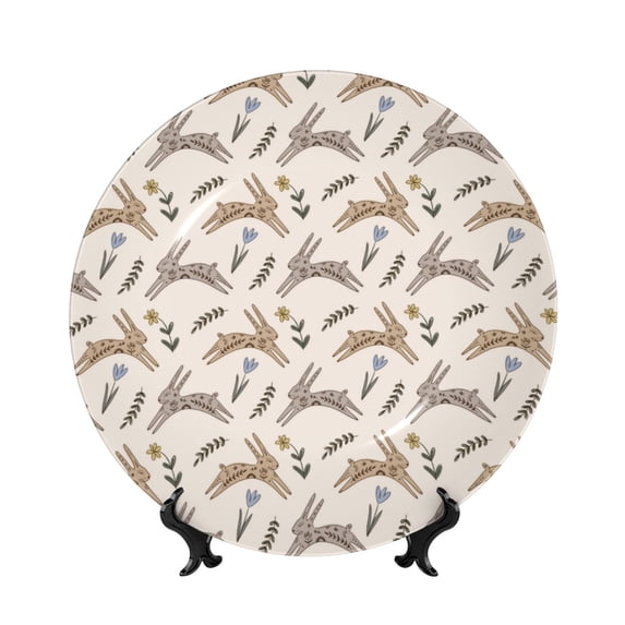 Gaeub Retro Rabbit Print Ceramic Plate,Dinner Plates,Bone China Decorative Plates with Display Stand,Art Ceramic Ornaments for Wall Hanging Decoration-10in