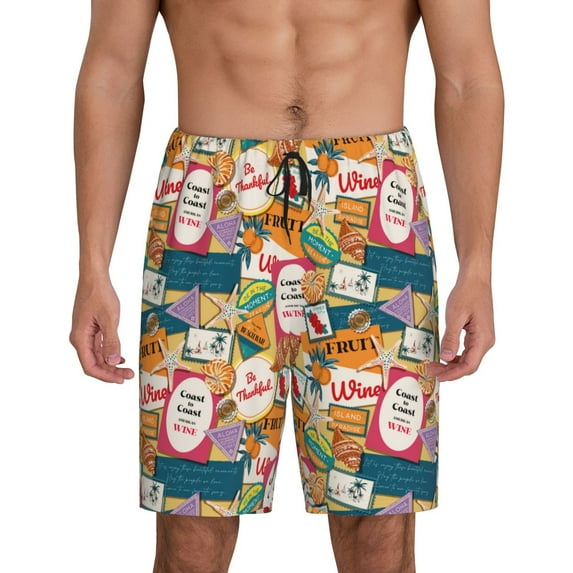 Gaeub Retro Summer Stamp Printed Men's Short Pajama Pants, Lightweight Lounge & Sleep Bottoms Keep You Cool - 4X-Large