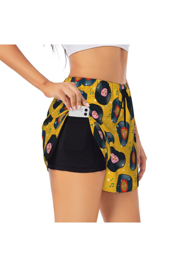 Retro Vinyl Records Print Women's Athletic Shorts,High Waisted Running Shorts,Pocket Sporty Short,Gym Elastic Workout Shorts-Small
