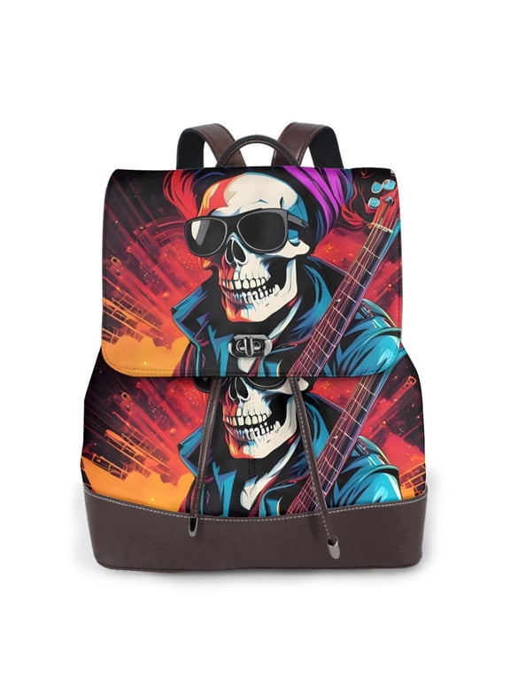 Rock Skull Singer Print Women's Leather Backpack,Travel Laptop Backpack,Fashion Ladies Leather Backpack Bag for Travel,Leather Drawstring Daypack for Me