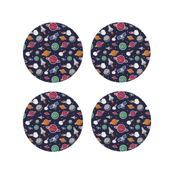 Gaeub Rocket Satellite Print 4 Pcs Leather Coasters for Drinks ,Drink Coasters Sets,Drink Table Cup Coasters for Living Room Kitchen Coffee Decor-Round Shape