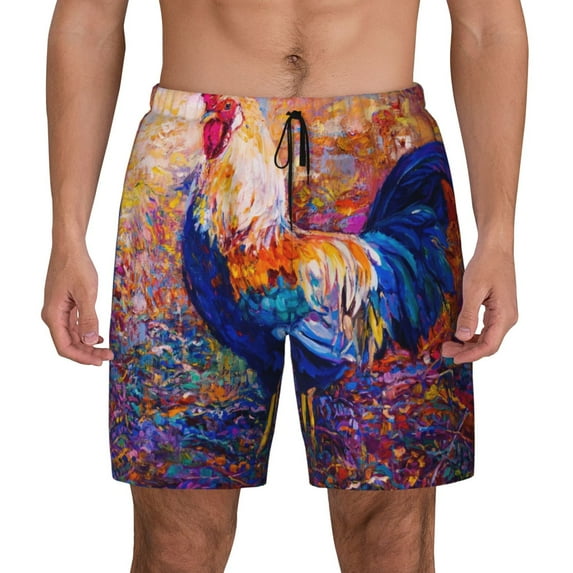 Gaeub Rooster Oil Painting Mens Swim Trunks Stretch Beach Shorts Quick Dry for Men Swim Shorts Swimwear with Pockets- Small