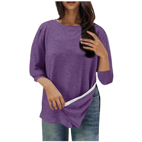 3/4 Sleeve Tops For Womens Summer Round Neck Tee Tunic Blouses Side Paste Split T-Shirt Loose Relaxed Fit Tunic Tee Lounge Breathable T-Shirts Bussiness Work T Shirts Treatment Clothes