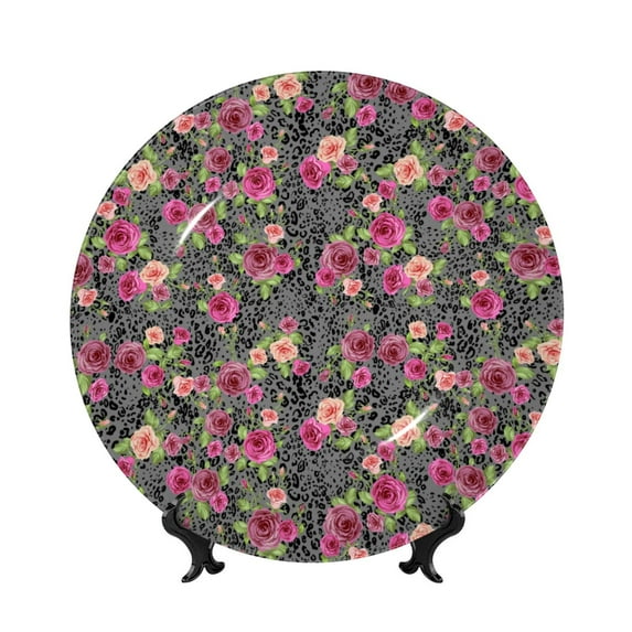 Gaeub Rose Mix Leopard Print Ceramic Plate,Dinner Plates,Bone China Decorative Plates with Display Stand,Art Ceramic Ornaments for Wall Hanging Decoration-6in