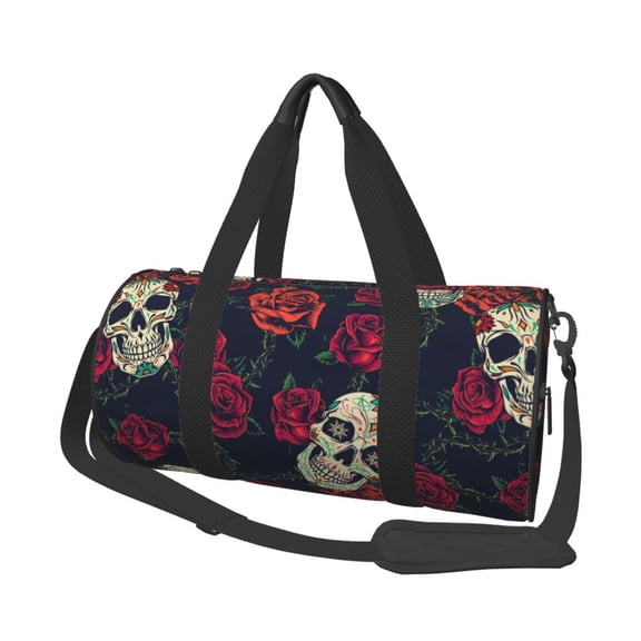 Gaeub Roses Skulls Lightweight Travel Cylinder Bag Gym Tote Bag Sports Training Duffle Bag with Pockets and Straps