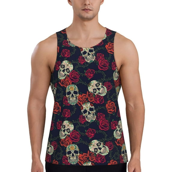 Gaeub Roses Skulls Men's Athletic Tank Top, Workout Sleeveless Shirts, Running Tank Tops for Gym, Running, Training - Small