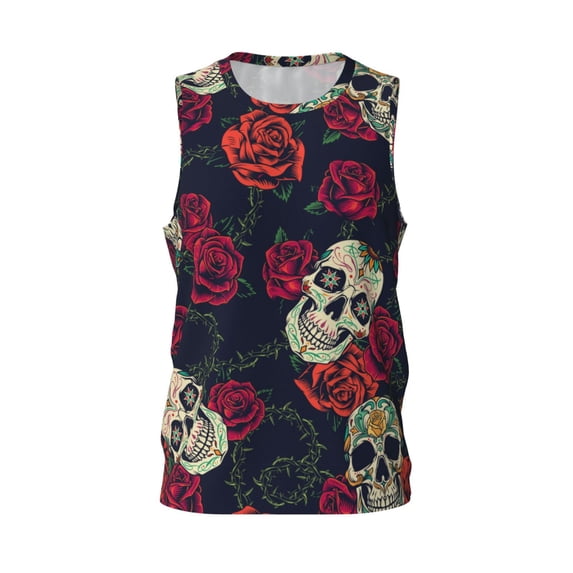 Gaeub Roses Skulls Men's Mesh Basketball Jersey, Quick-Drying Sleeveless Top S-4XL, Loose Muscle Tank Top -3X-Large