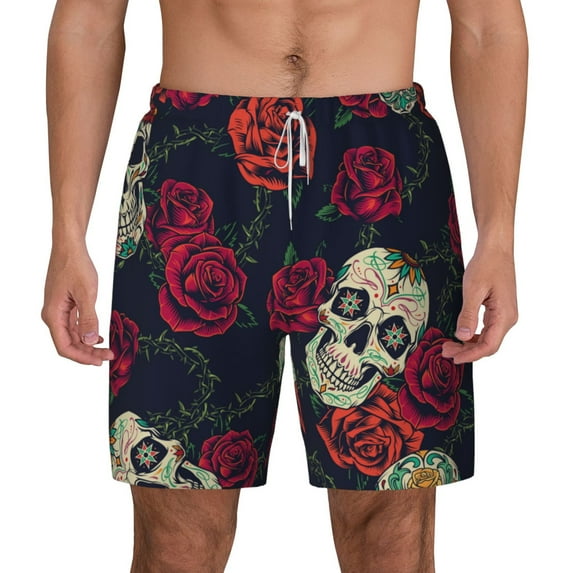 Gaeub Roses Skulls Mens Swim Trunks Stretch Beach Shorts Quick Dry for Men Swim Shorts Swimwear with Pockets- Large