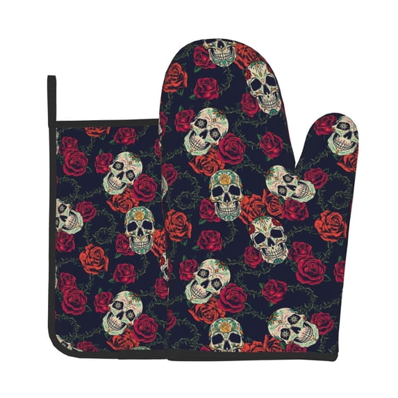 Gaeub Roses Skulls Print Oven Mitts and Pot Holders Sets of 2,Heat Resistant Pad,Cooking Gloves, for Baking BBQ Home Decor