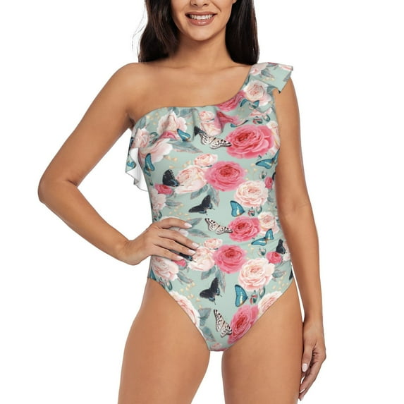 Gaeub Roses and Butterflies Women's One Shoulder Ruffle Tummy Control Swimwear for Swimming Surfing Beach Party - Small
