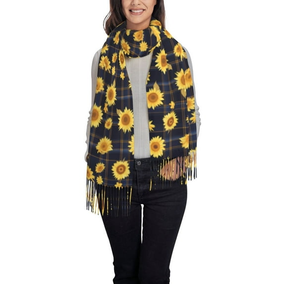 Gaeub Royal Blue Plaid Sunflower Print Tassel Scarf,Wraps Scarves for Women,Winter Scarf,Cold Weather Shawls,Ideal for Travel