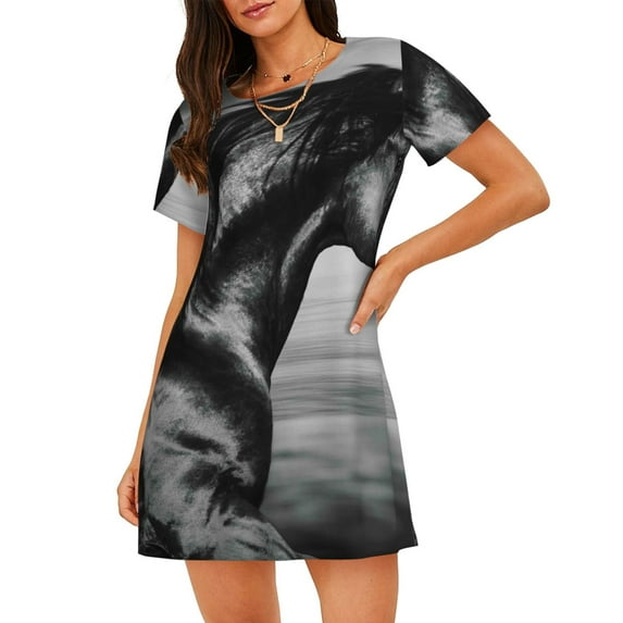 Gaeub Running Horse Print Women's Short-Sleeved Nightdress,Loose Comfy Pajama Sleepwear,Summer Night-dresses for Women