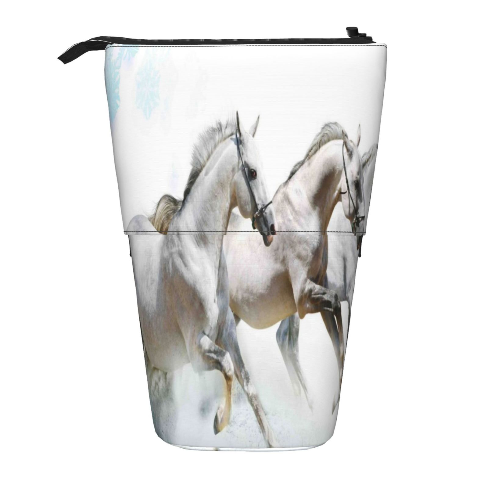 Gaeub Running White Horses Print Standing Pencil Case, Stand up Pencil Pouch, Telescopic Pen Bag,Portable Pencil Holder for School Office Supplies