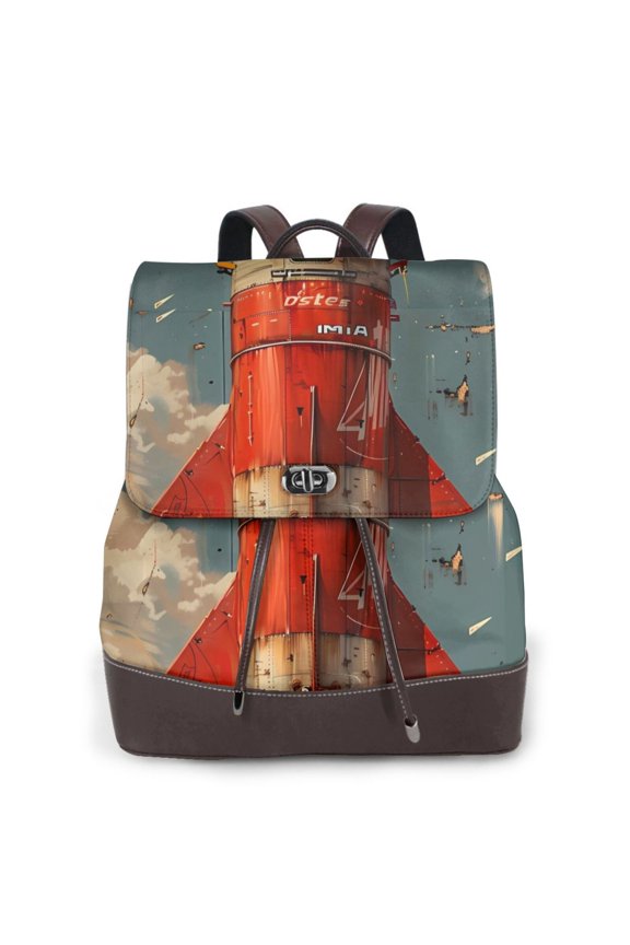 Rusty Rocket Launch Print Women's Leather Backpack,Travel Laptop Backpack,Fashion Ladies Leather Backpack Bag for Travel,Leather Drawstring Daypack for Me