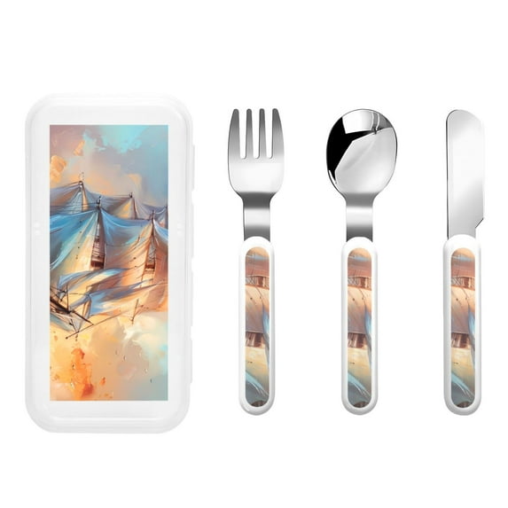 Gaeub Sailing Ship Ocean Sunset Print 3-Piece Children Knife Spoon Fork Set,Stainless Steel Child Flatware Set,Kids Utensils Set with Case for Lunch Box (Fork Spoon Knife Combo)