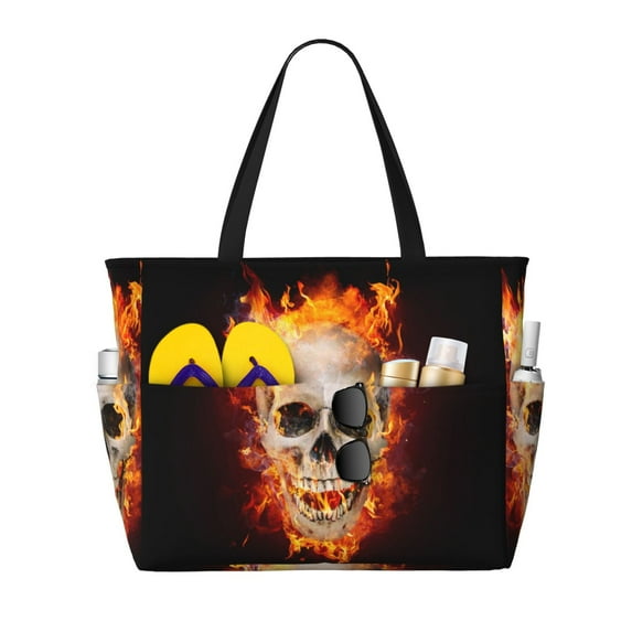 Gaeub Satanic Skull Beach Travel Bag, Multi-Pocket Beach Bag, Summer Vacation Bag, Beach Essentials Tote