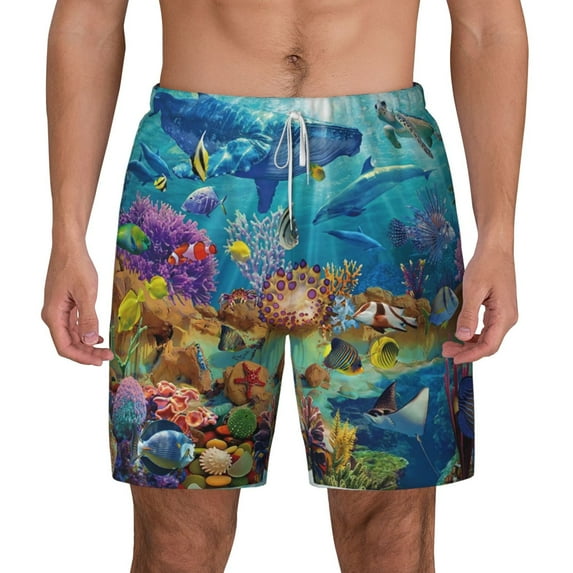Gaeub Sea World Mens Swim Trunks Stretch Beach Shorts Quick Dry for Men Swim Shorts Swimwear with Pockets- Medium