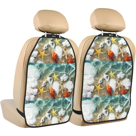 Gaeub Seashell On The Beach Print Anti-Kick Storage Mat for Car Seats 2 Pcs, Car Kick Mats with 3 Pocket Protector, Essential Car Seat Protector for Child Car Seat,Car Seat Protector