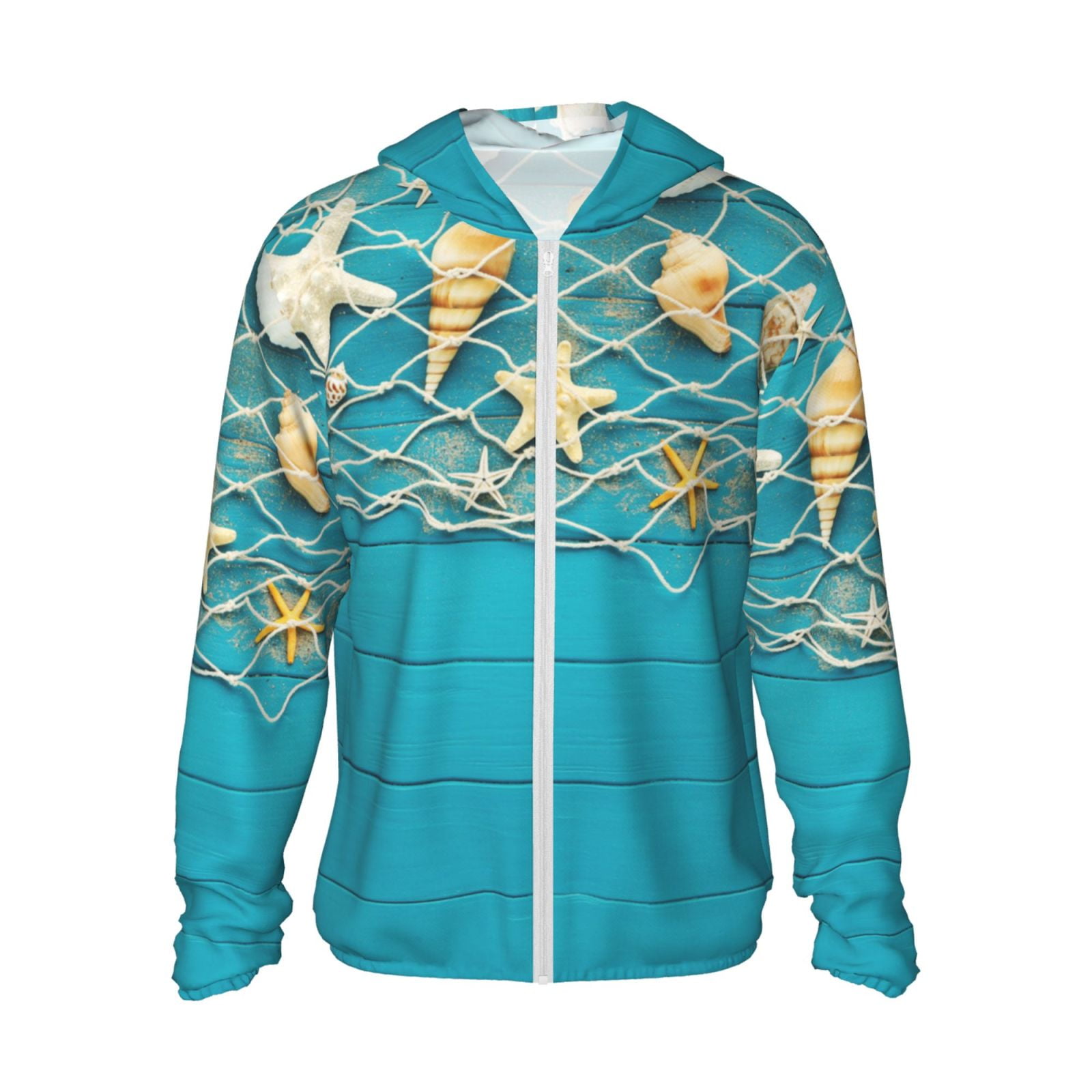 Gaeub Seashells And Fishing Net On Blue Wooden Table Men's and Women's UPF 50+ Long-Sleeved Sun Protection Clothing, Fishing Shirt Long Sleeve Zip-Small