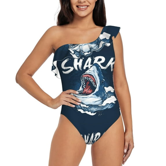 Gaeub Shark Women's One Shoulder Ruffle Tummy Control Swimwear for Swimming Surfing Beach Party - Small