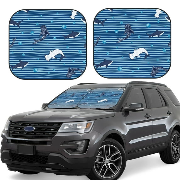 Gaeub Sharks on White Blue Striped Foldable Auto Sun Blocker Visor, Sunshade for Car Front Window, Keeps Your Vehicle Cool - Medium