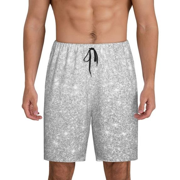 Gaeub Silver Glitter Printed Men's Short Pajama Pants, Lightweight Lounge & Sleep Bottoms Keep You Cool - X-Large