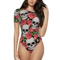 thumbnail image 1 of Gaeub Skull And Roses Women'S Short Sleeve One Piece Swimsuit Sexy High-Waisted Bodysuit For Swimming, Beach, Sports - Medium, 1 of 9