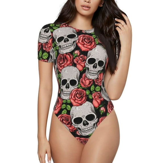Gaeub Skull And Roses Women'S Short Sleeve One Piece Swimsuit Sexy High-Waisted Bodysuit For Swimming, Beach, Sports - Small