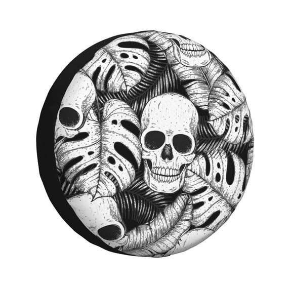 Gaeub Skull and palm leaves 14-17in Tire Cover, Spare Tire Cover, for Camper Caravan, Trailer, Car, Truck, SUV, Jeep - 17 inch